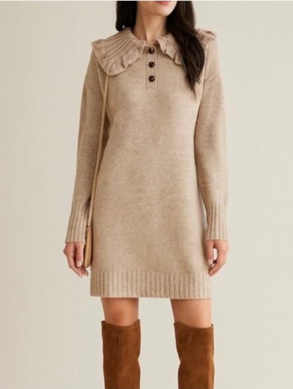 Camila Coelho Sweater Dress Peter Pan Collar Ruffle Chunky Knit Mini Tan XS Fall